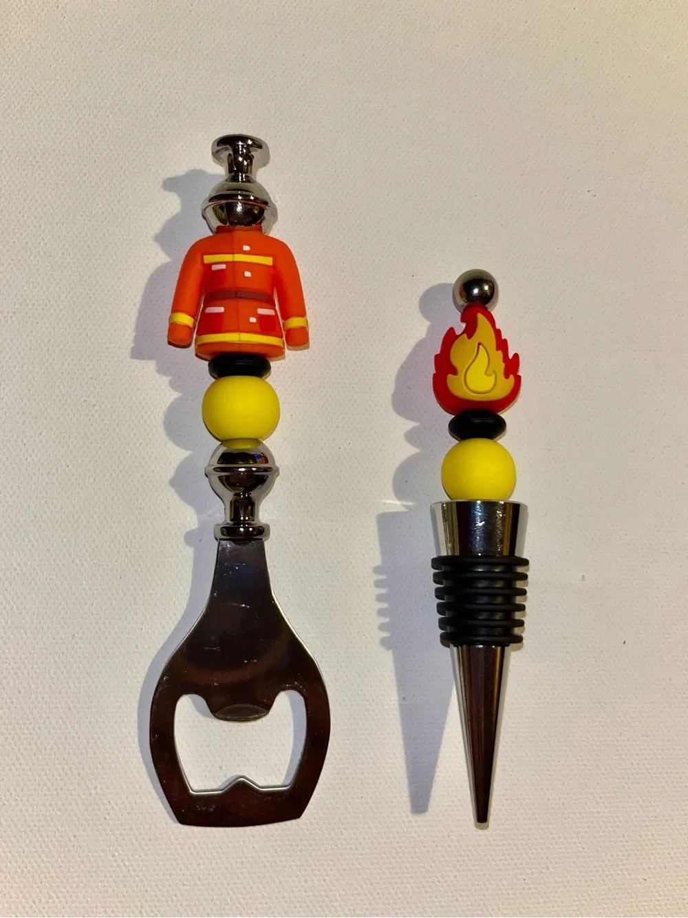 Novelty Firefighter Bottle Opener and Wine Stopper Set - Orange and Yellow